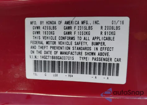 2016 Honda Accord Ex-L из США, поврежденный, VIN 1HGCT1B89GA007015